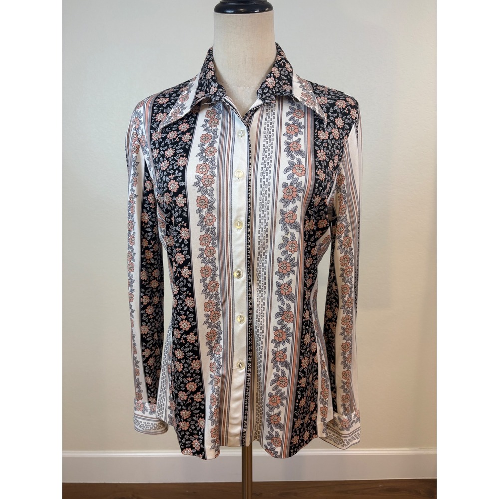 Vtg 70s Tarni Nylon Blouse Womens S Floral Stripe Button Down Boho Disco retro